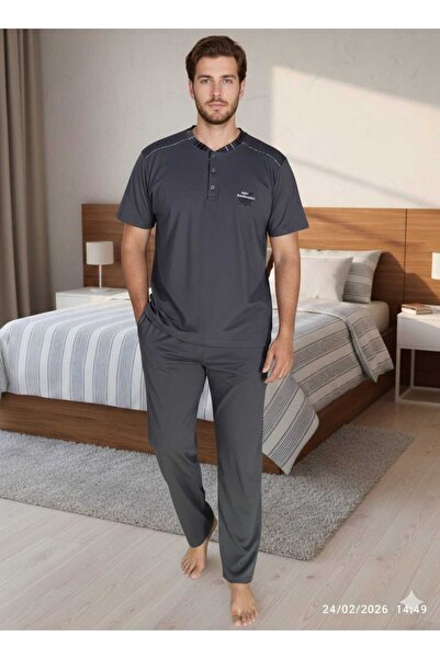 Asel Men's Short Sleeve Pocketed Stretch Fabric Combed Cotton Fabric Pajama Set