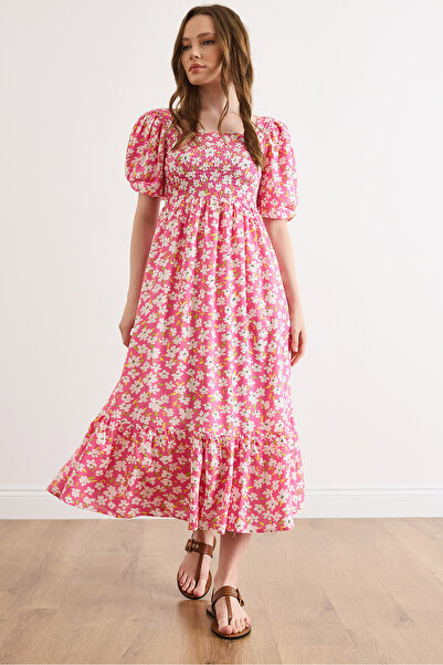 Olalook Γυναικείο ροζ φόρεμα Gipe με λεπτομέρειες Midi Υφαντό Βισκόζη ELB-190...