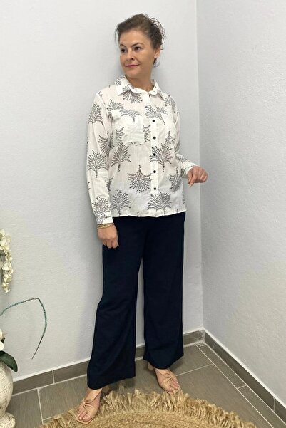 Mia Butik Women's Black Leaf Patterned Linen Set