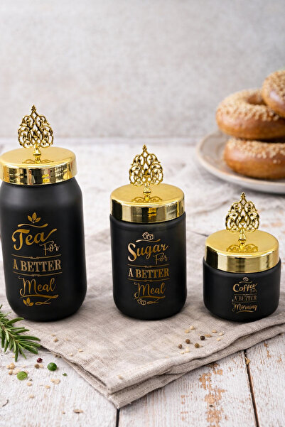 YzHome 3-Piece Glass Plastic Gold Lid Tea Sugar Coffee Jar Storage Container