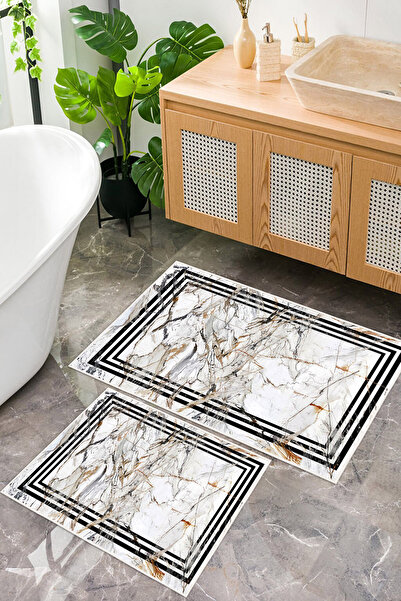 Mortapi Framed Marble Pattern Digital Print Pieces Washable 2 Pieces Bath Mat