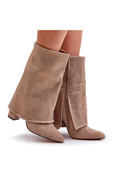 BOTO Decorated Shiny Ankle Boots With Turned Shaft On Heel Insulated Beige Xi...