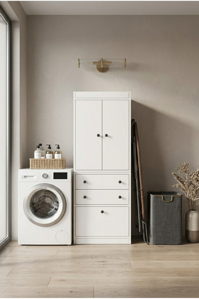 FOR WOMAN DESİGN Ahşap Çamaşır ve Banyo Dolabı 2 Kapak 3 Çekmeceli Modern Min...