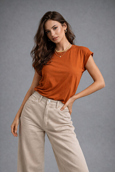 WILD BEE Women's Orange Cotton Pack Curled Sleeve Detail Crew Neck T-Shirt