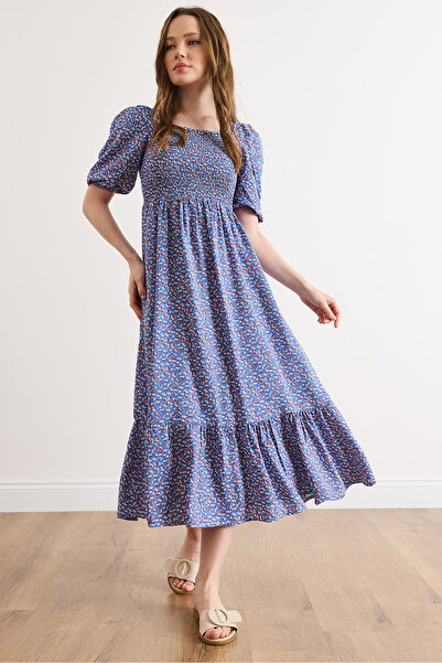 Olalook Women's Indigo Gipe Detailed Midi D Woven V Viscose Dress Elb-19002607