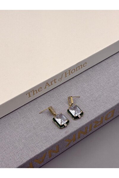 Luminos Butik Women's Gold Color Green Detailed Square Stone Geometric Dangle...