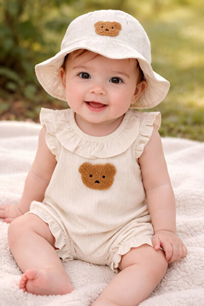 bebekyol Baby Girl Summer Jumpsuit with Bear Embroidery and Hat