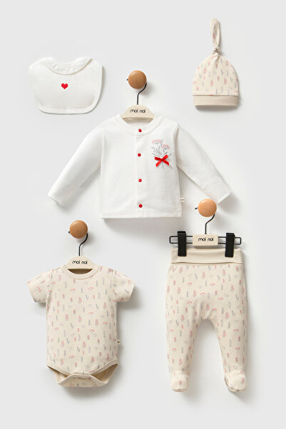 Moi Noi Red Bow Detail Kokina 5-Piece Baby Set - Flower and Bird Patterned Ho...