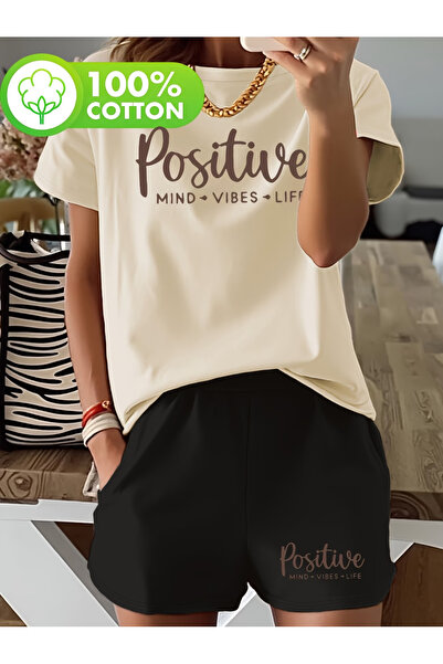 LAVİTTA Positive ba Printed white t-shirt black shorts knitted top and bottom...