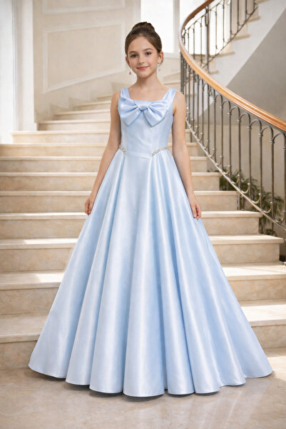 Erkut Kız Çocuk Tafta Kumaş Bebe Mavi Renk Uzun Abiye Elbise