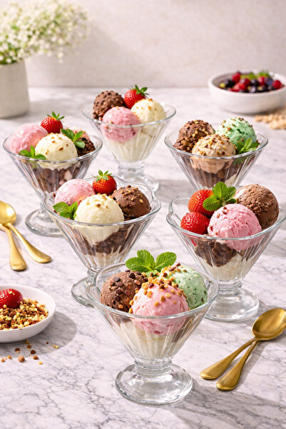 YzHome 6 Lı Cam Ayaklı Dondurmalık Kase Tatlı Magnolia Kasesi