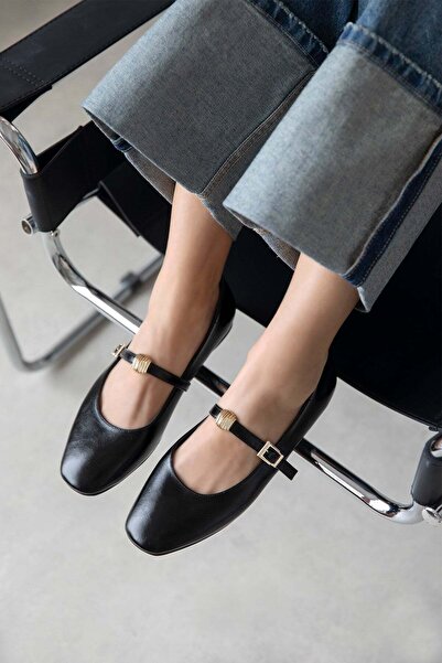 STRASWANS Libon Γυναικεία Πόρπη με Λεπτομέρεια Ζάρας Δερμάτινο Μπαλαρίνα Μαύρο