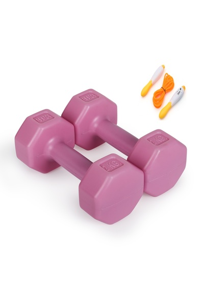 PS SPOR 2 Adet 2Kg Pembe Renk Dambıl Set ve Sayaçlanabilir Atlama İpi