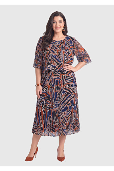 LİLAS XXL Büyük Beden Mavi Desen Baskılı Şifon Elbise