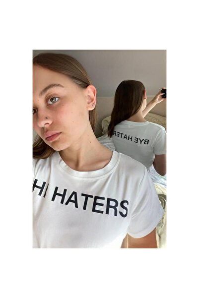 İsra Ayyıldız Moonstar Collection Beyaz Hi & Bye Haters Kısa Kollu Crop T-Shirt