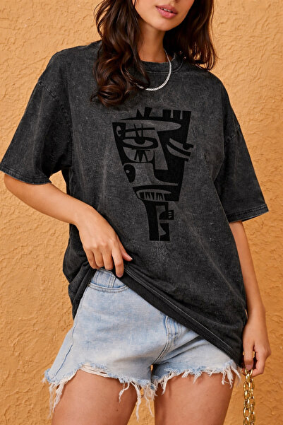 LAND MODA Unisex Abstract Face Graphic με τύπωμα Washable oversized T-Shirt 1...