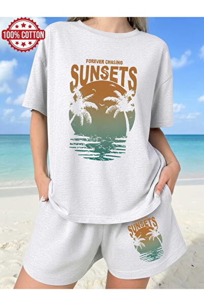 LAVİTTA SUNSET طقم تي شيرت أبيض للجنسين مطبوع مع شورت أسود محبوك من الأسفل