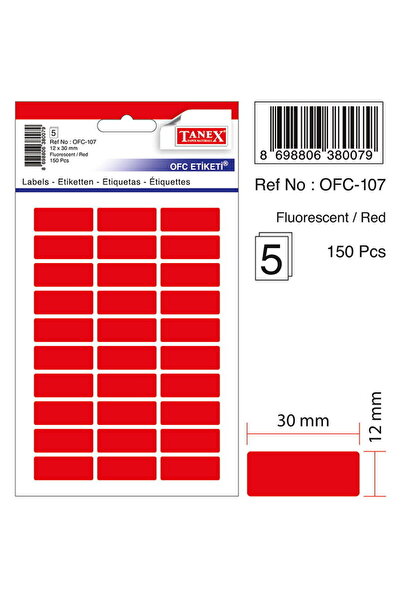 Tanex Etichete adezive colorate, 12 x 30 mm, 150 buc/set, - roșu fluorescent