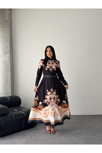 NEW JOURNAL فستان ماكسي نسائي من قماش أطلس أسود مكون من حزام قطع JEN2641