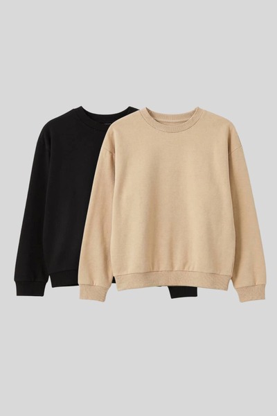 2'li Ekonomik Paket Siyah-Bej Unisex Bebek Ve Çocuk Sweatshirt - 1-8 Yaş Arası