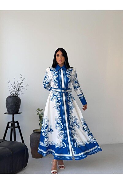 NEW JOURNAL Women's Cobalt Atlas Fabric Shirt Collar Belt Pack Maxi Dress Jen...