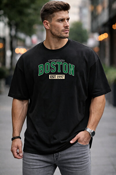 DEEPSENCE Men's Black Oversized T-Shirt Boston Green Logo