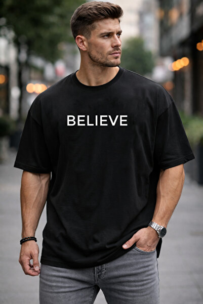 DEEPSENCE Men's Black Oversized T-Shirt Believe Logo