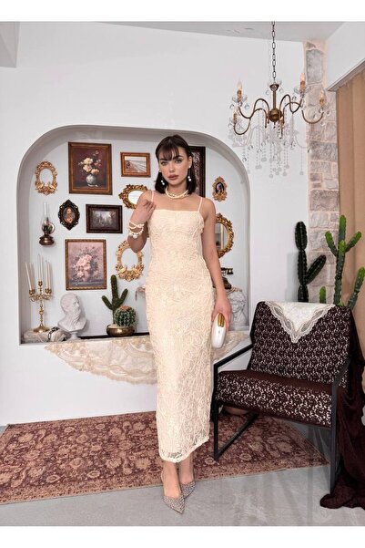 Miss Beyoğlu Rochie de damă bej, brodată, cu cu căptușeală șnururi, lungime maxi