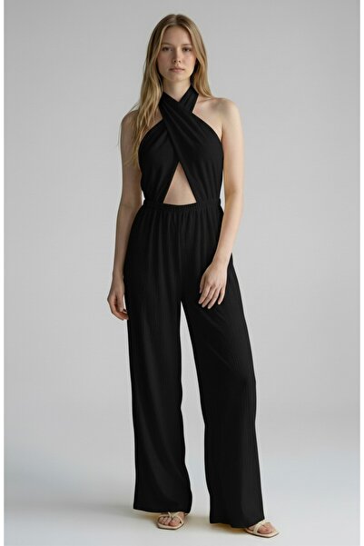 Altamira Women's Black Halter Neck Jumpsuit Tie-Detail Backless