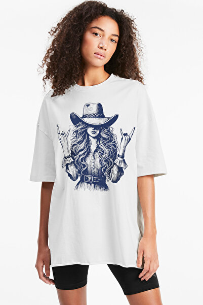 ROCKANDROLL Κορίτσι με Καπέλο oversized Λευκό Γυναικείο Μπλουζάκι