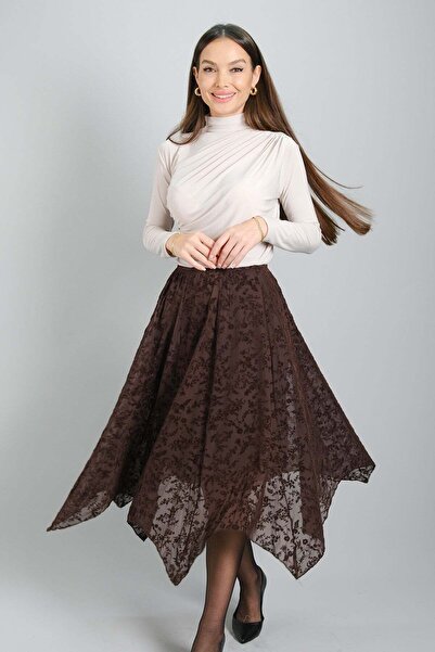 SWEETNESS Women's Brown Flock Patterned Chiffon Fabric Piece Model Lined Skirt