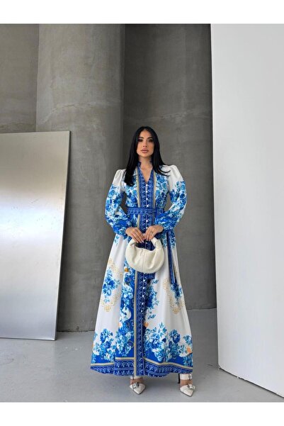 NEW JOURNAL Γυναικείο μπλε κοβαλτίου Atlas υφασμάτινο μάξι φόρεμα με κουμπιά ...