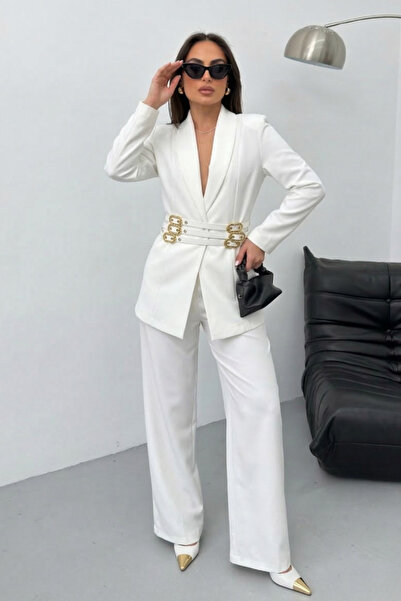 spirituel Women's Black Two-Piece Set Stylish Gold Belted Padded Blazer Jacke...