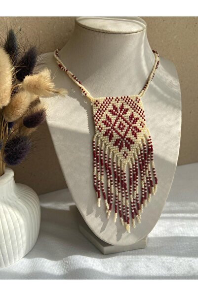 Handmade KUM BONCUK EL İŞİ KREM VE BORDO RENKLİ KOLYE