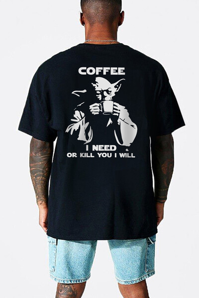 ROCKANDROLL Tricou Yoda Coffee supradimensionat negru pentru bărbați