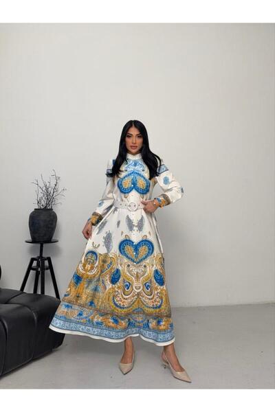 NEW JOURNAL Women's Ecru-Blue Atlas Fabric Mock Neck Belt Pack Maxi Dress Jen...