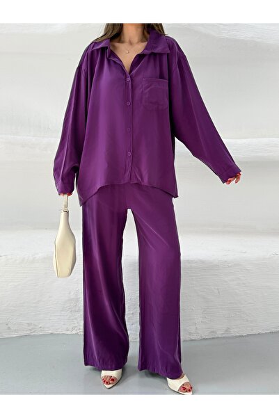 NEW JOURNAL Women's Purple Pocketed Cupralı Modal Top and Bottom Set Frv0158