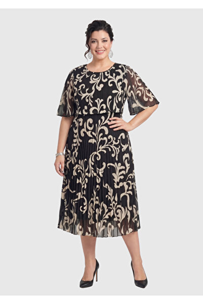LİLAS XXL Büyük Beden Krem Desen Baskılı Şifon Elbise