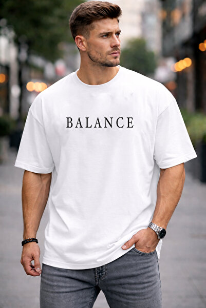 DEEPSENCE Men's White Oversized T-Shirt Balance Logo