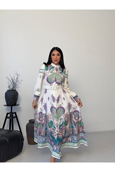 NEW JOURNAL Γυναικείο Εκρού-Μωβ Ύφασμα Άτλας ψηλός λαιμός Φόρεμα Μάξι Ζώνη τε...