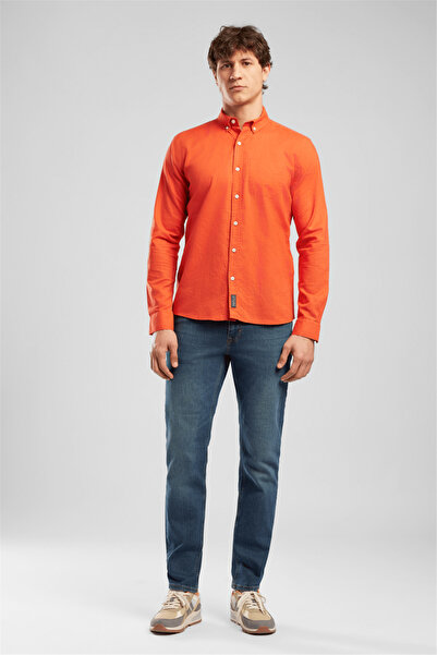 Lee Cooper قميص Day رجالي ذو قصة عادية بأكمام طويلة قطن قطع باللون البرتقالي