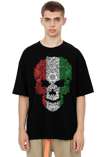 ROCKANDROLL Tricou italian Skull O supradimensionat negru pentru bărbați