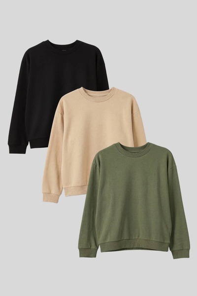 3'lü Ekonomik Paket Bej-Haki-Siyah Unisex Bebek Ve Çocuk Sweatshirt - 1-8 Yaş Arası