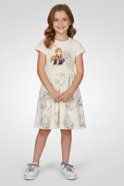 Disney Toddlers Girl Graphic Print Short Sleeve Dress, Off White