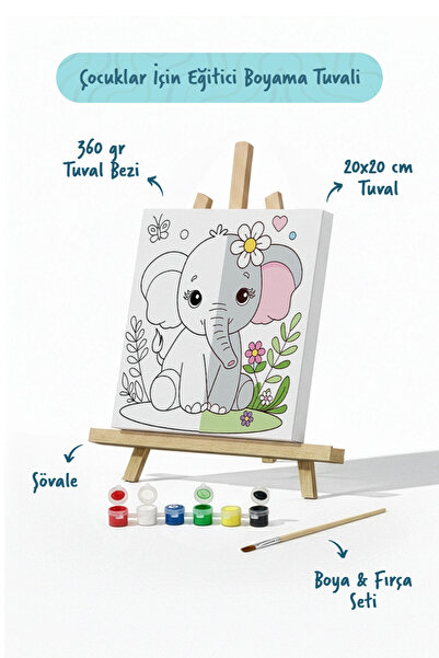 Tabdiko Sevimli Fil Temalı Çocuk Boyama Tuvali – Şövaleli Eğitici Boyama Seti...