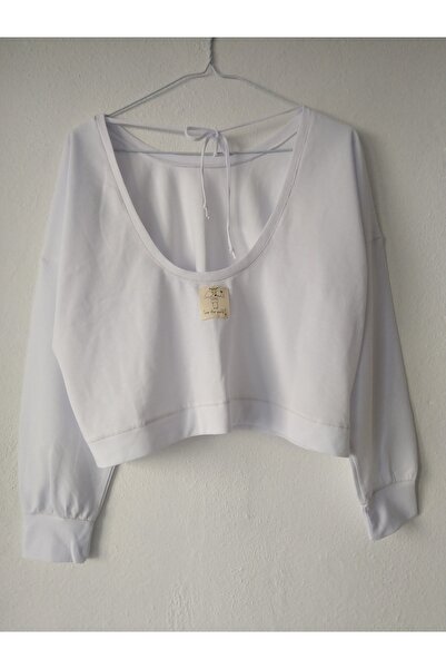 Beyaz lakos penye sırtı balerin bağcıklı oversize crop yoga pilates koşu sweatshirtü
