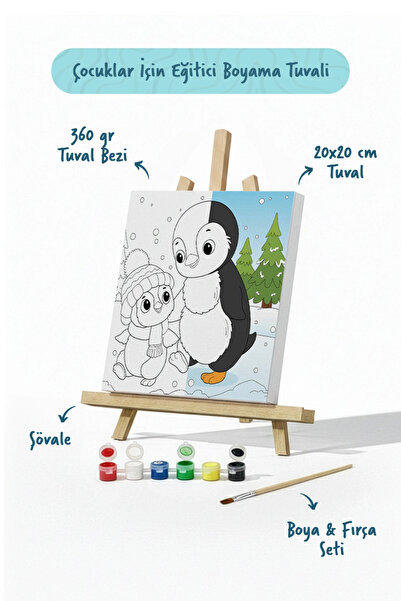 Tabdiko Penguen Temalı Çocuk Boyama Tuvali – Şövaleli Eğitici Boyama Seti 20x...