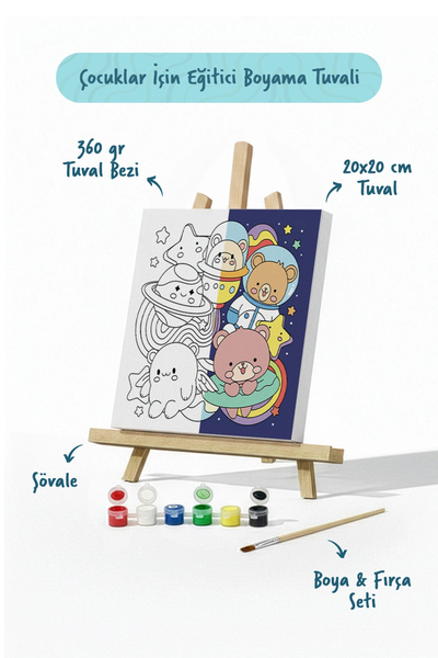 Tabdiko Uzay & Astronot Ayıcık Figürlü Çocuk Boyama Tuvali – Şövaleli Boya Se...