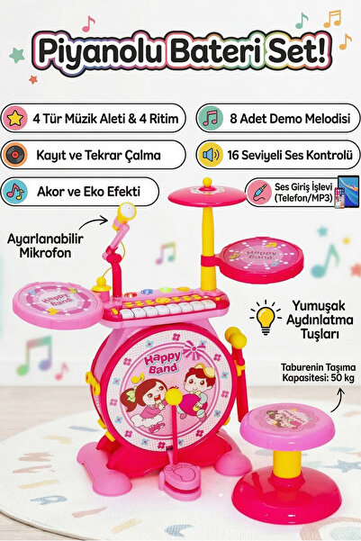 craftivio Işıklı Piyanolu Bateri Seti - Mikrofonlu, Tabureli ve MP3 Bağlantıl...