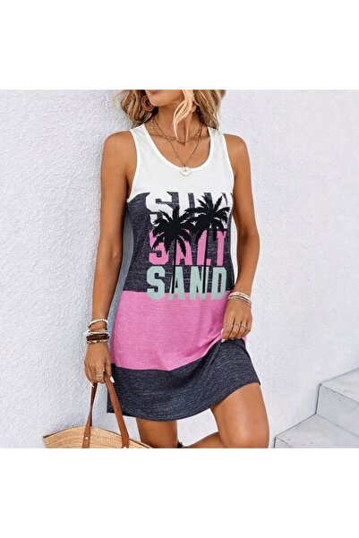 HYEM Women's Suspender Round Neck Multi-Color Short Single Jersey Dress